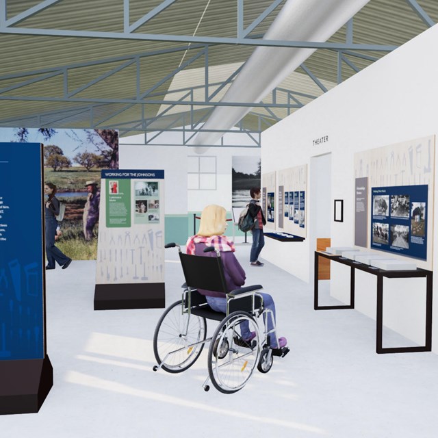 An artist's drawing of a visitor viewing exhibits from a wheelchair.