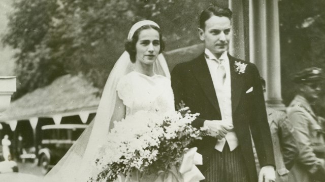 Historic photos of Laurance and Mary Rockefeller in wedding clothes in front of church