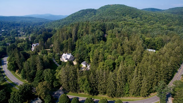 Aerial view of park entrance in summer - roads with lush green trees