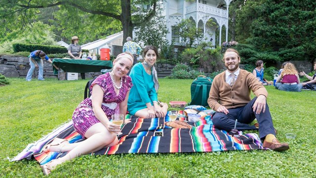 group picnicking on park lawn