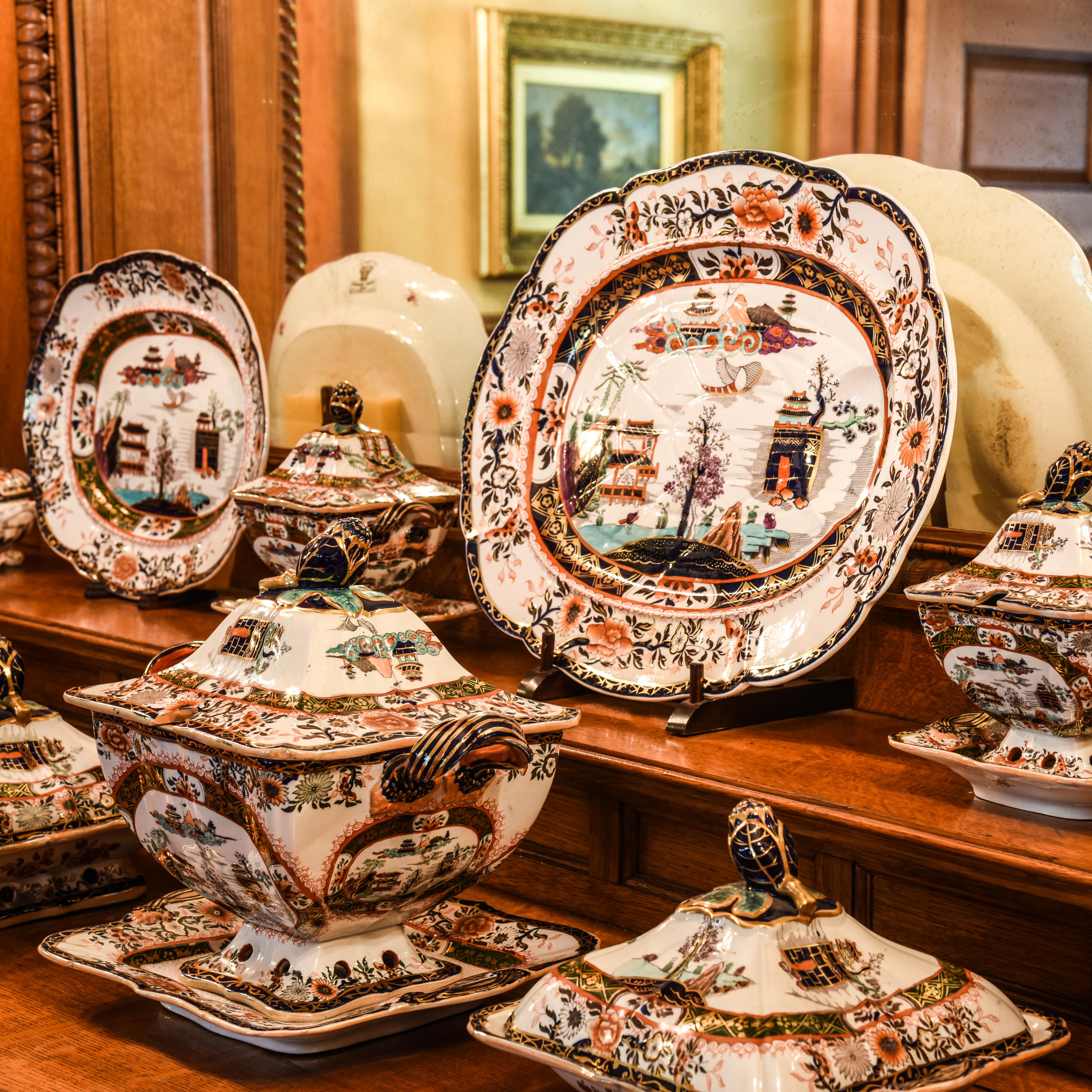 Mason’s Ironstone dinnerware displayed on Dining Room side table