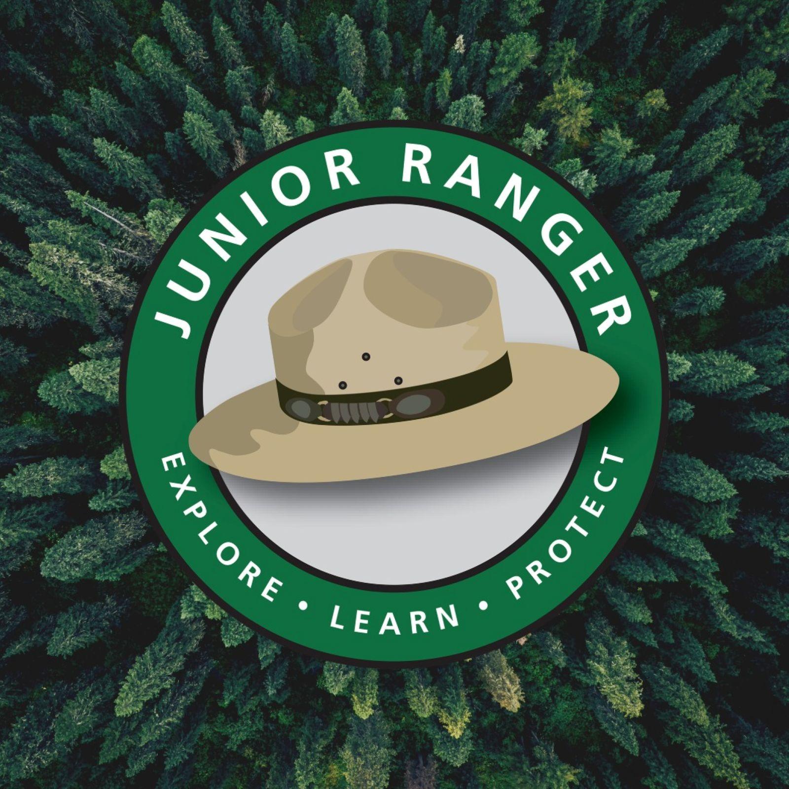 Junior Ranger logo that says Explore Learn and Protect with forest background