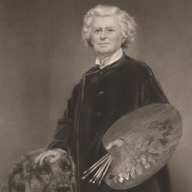 black and white etching of a woman posing with paint and a dog