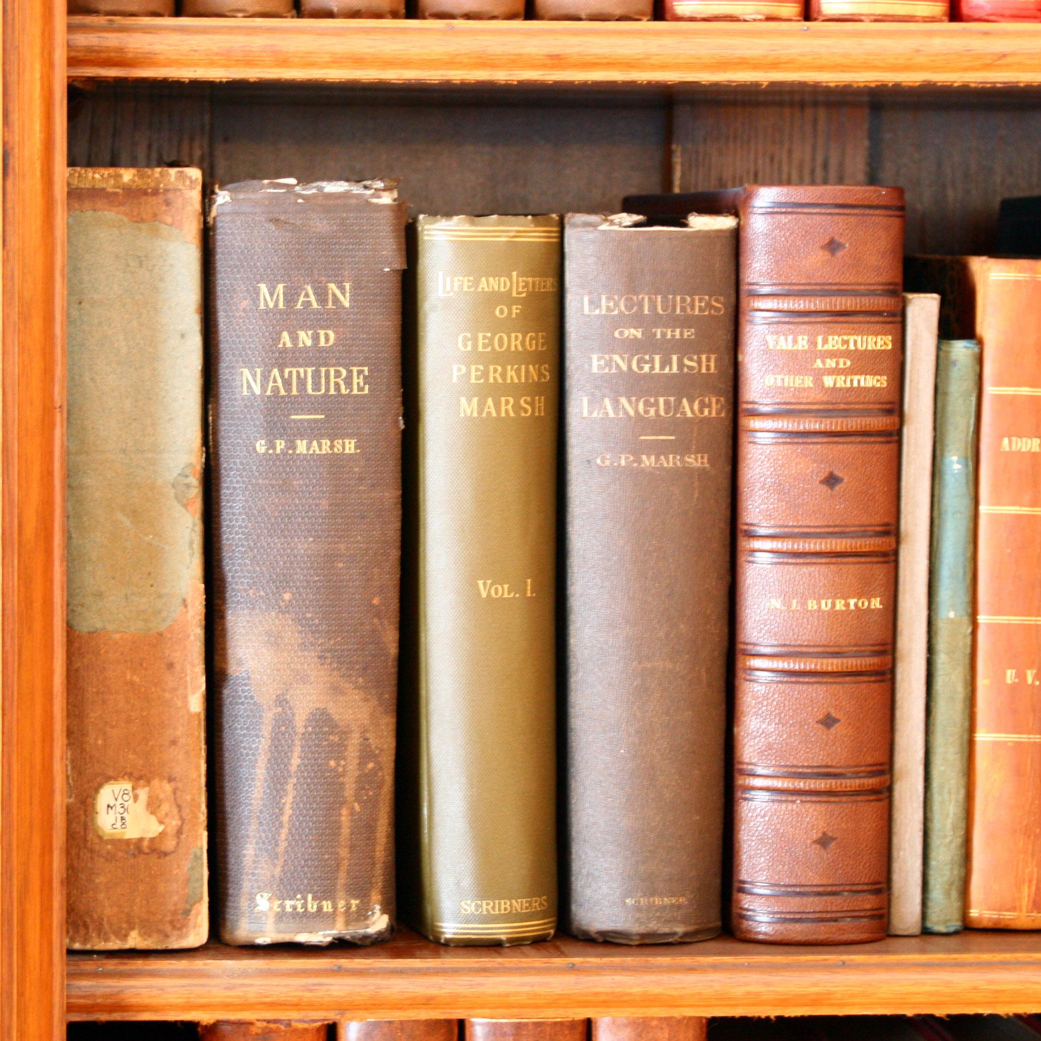 group of historic bound books on shelf including Man and Nature