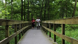 Two people walking on a wooden boardwalk. 
