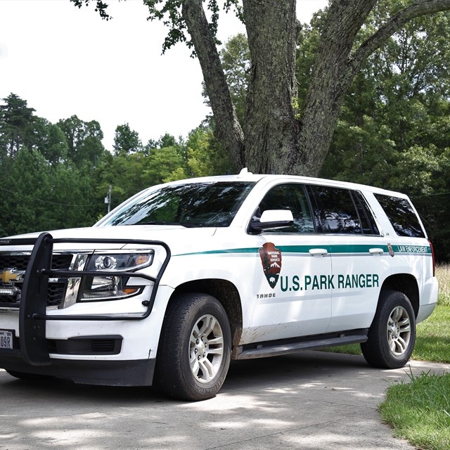 A white SUV with a green stripe that says Law Enforcement. 