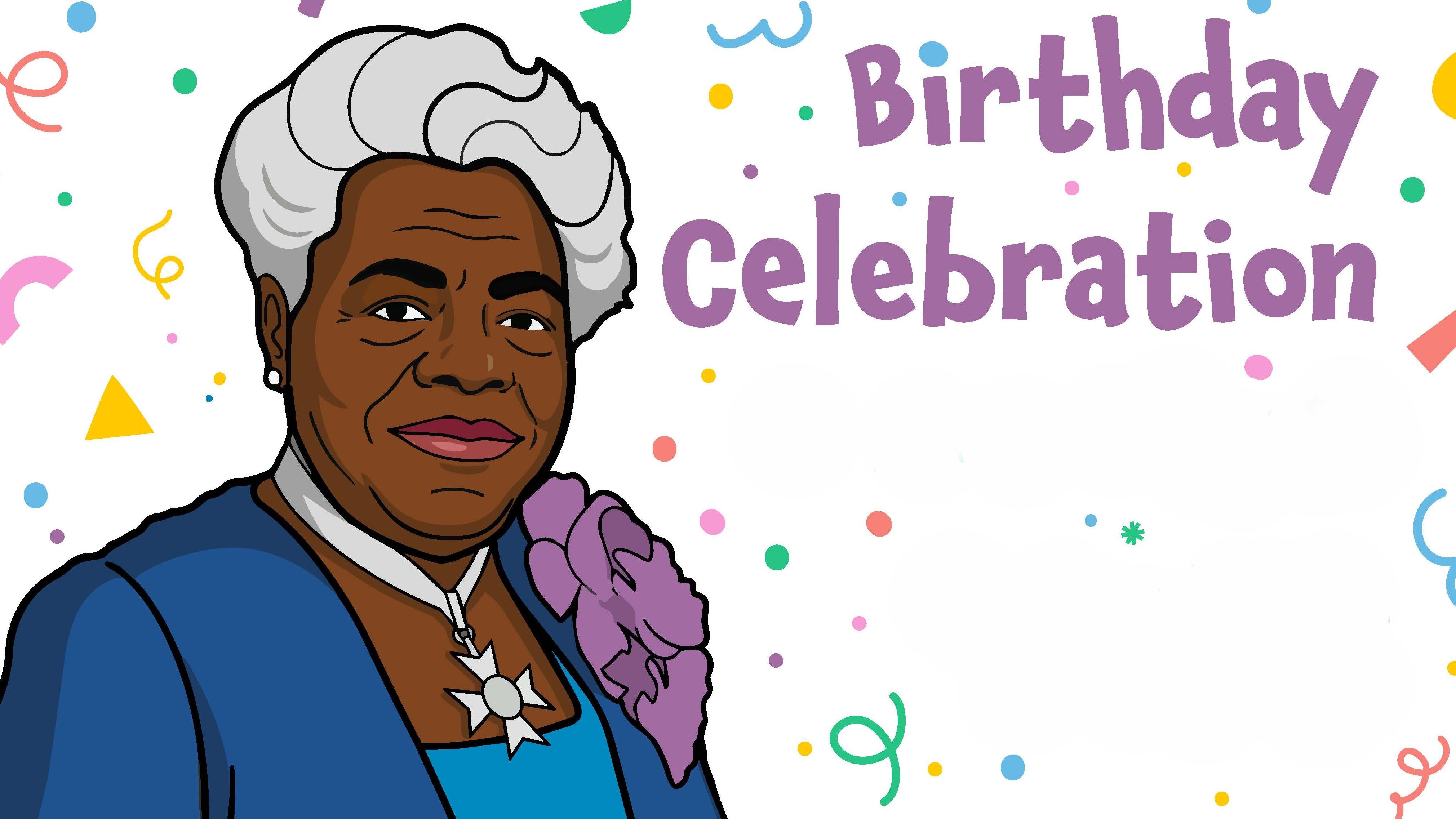 Illustration of Mrs. Bethune wearing a blue dress, necklace, flower, and colorful words and shapes