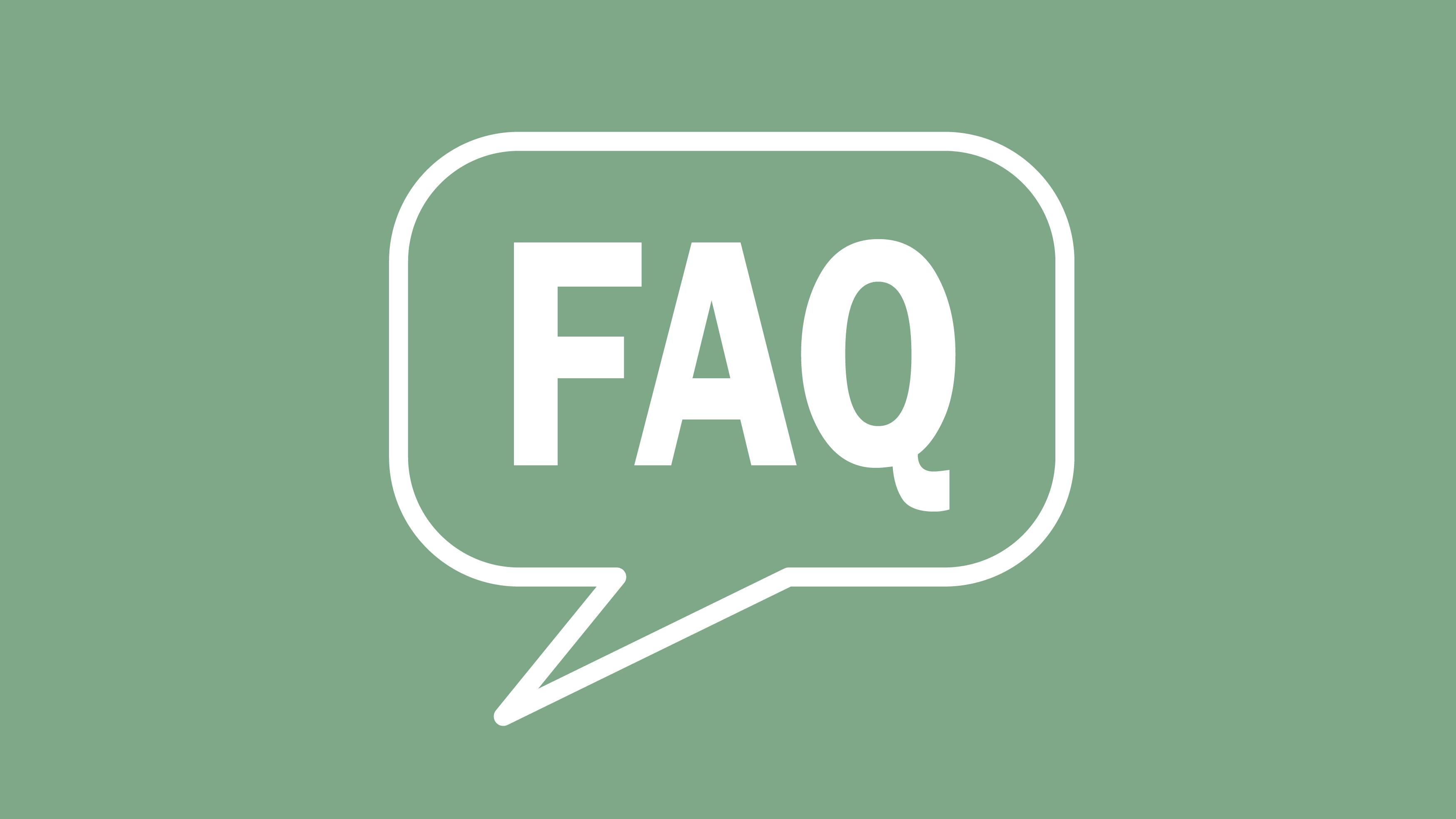 The letters FAQ on a mint green background.
