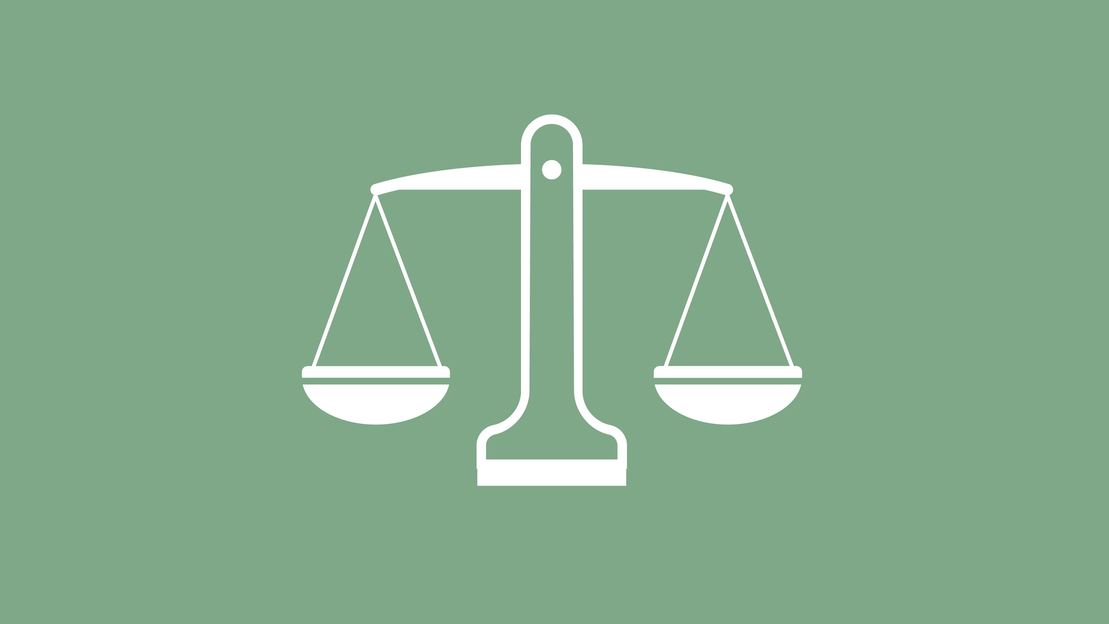 White icon of scales on a green background.