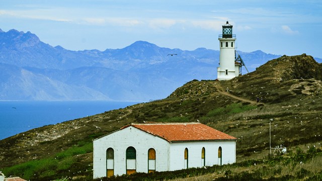 Anacapa Lighthouse with the Santa Monica Mountains in Background