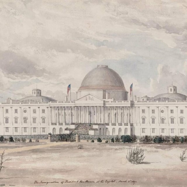 Van Buren’s 1837 inauguration at the U.S. Capitol, shown with a large crowd and unfinished dome.