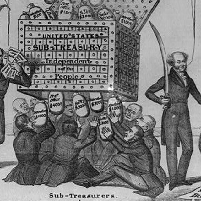 Political cartoon mocking Van Buren’s Sub-Treasury plan.
