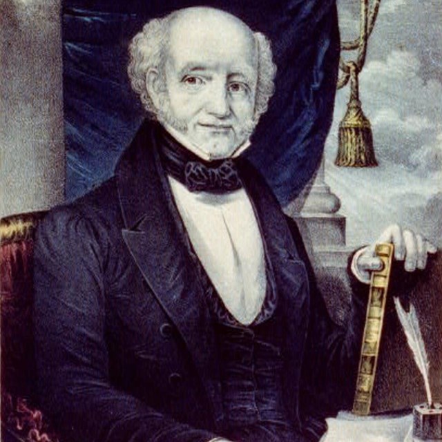 Portrait of Martin Van Buren seated with a scroll, quill, and papers, in front of a blue curtain.