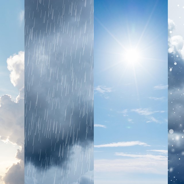 Four weather scenes: cloudy, rainy, sunny, and snowy skies in vertical strips.