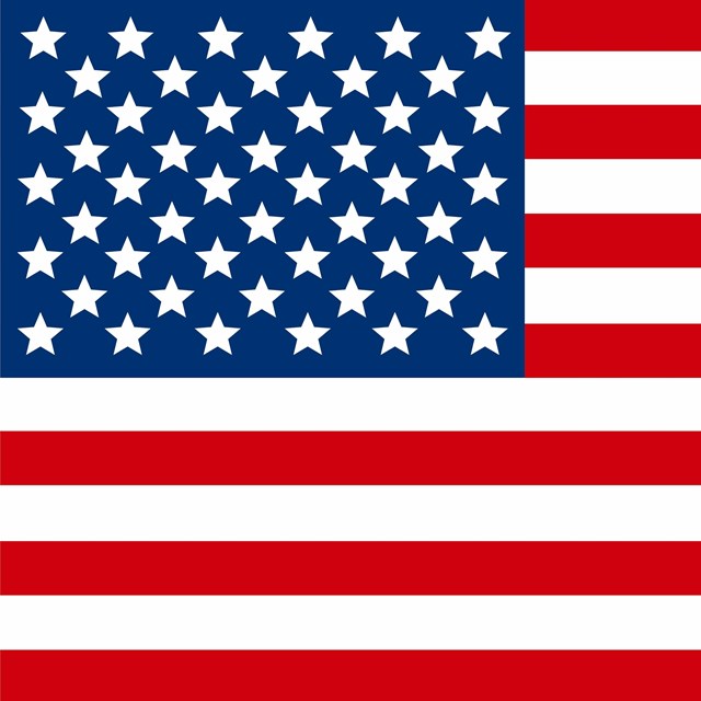 US flag with 50 white stars and 13 red and white stripes on a blue, red, and white background.