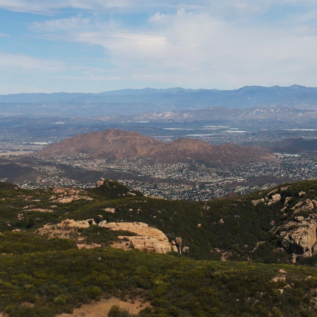 Mountaintop view of the meeting of natural and urban areas in the Santa Monica Mountains