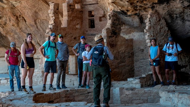A ranger, back to the camera, stands and gestures with hands while visitors gather around listening