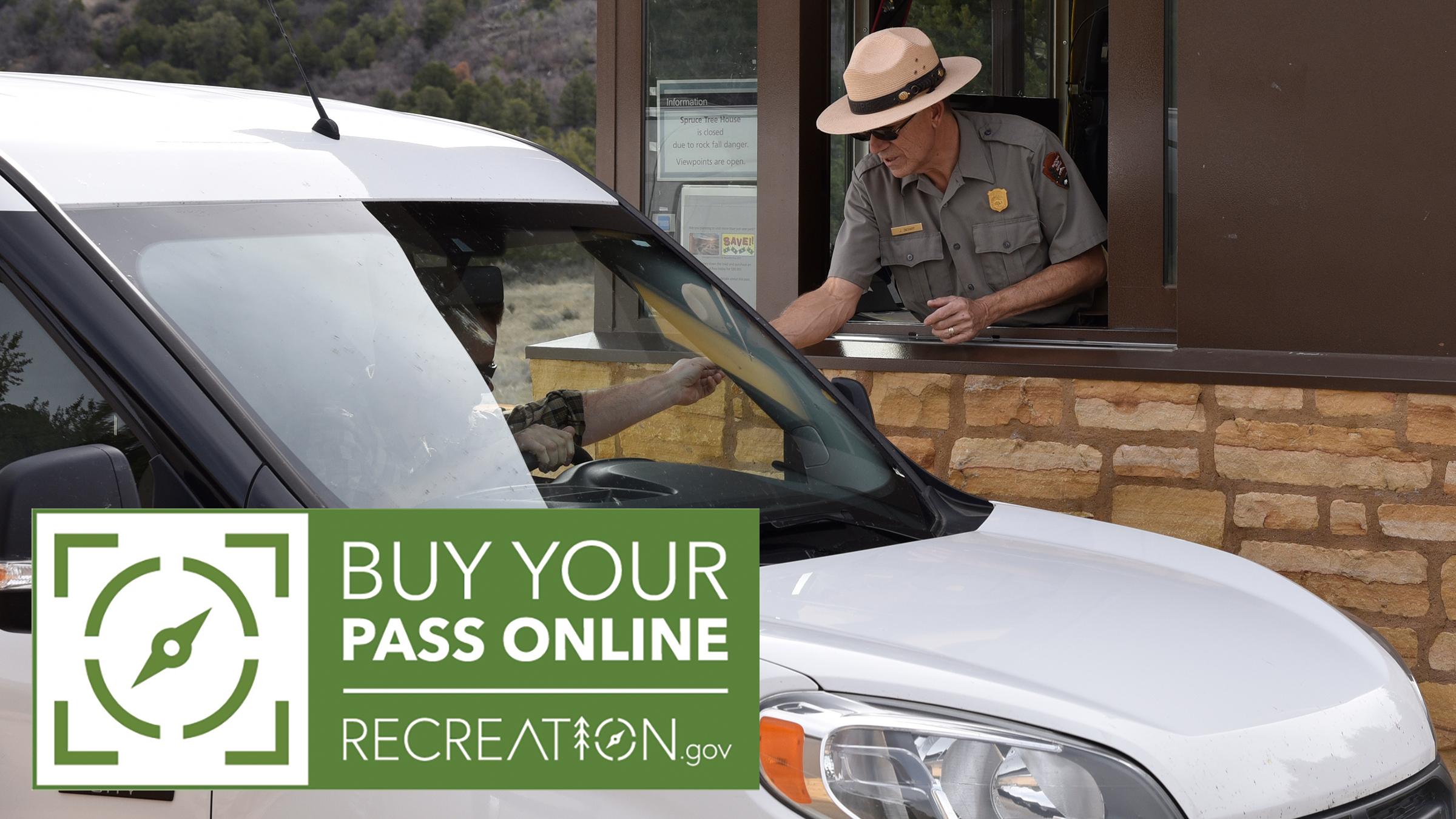 Green and white fee logo in left corner. Person in white car reaches toward the NPS ranger in booth 