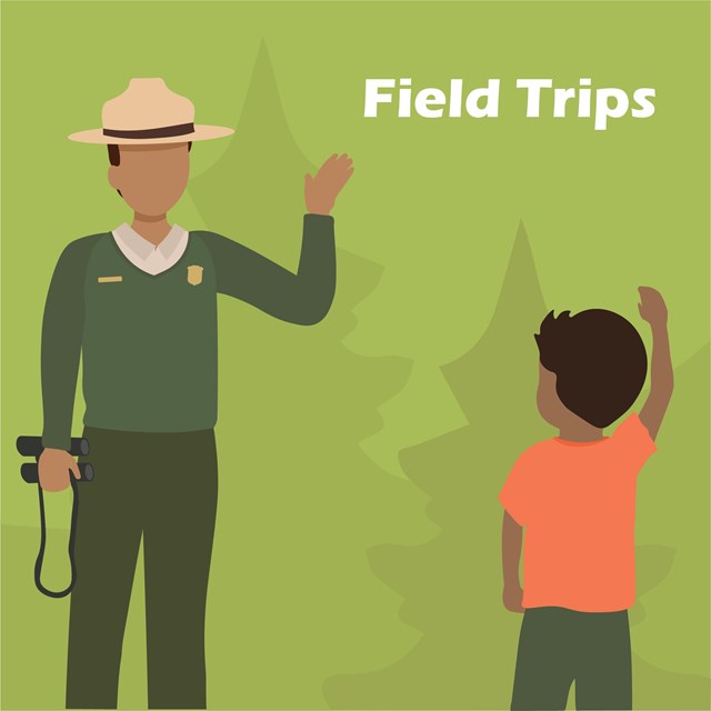 Illustration of a park ranger asking a student a question with a background of trees.
