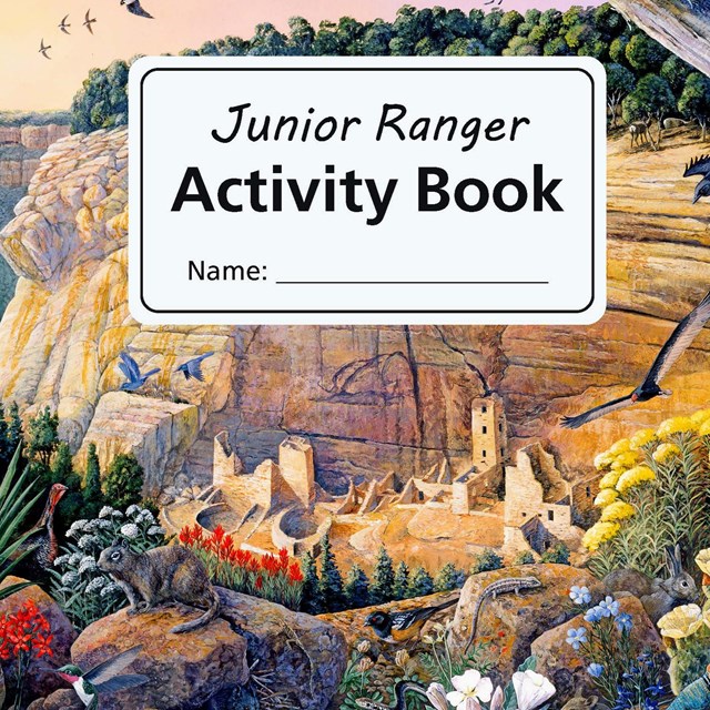 An illustration looking down on a cliff dwelling, wildflowers, lizards, squirrel, birdsds flyi