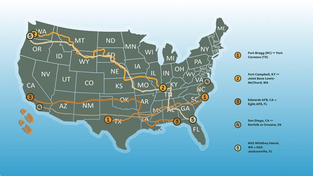 A map of five road trip routes between U.S. military duty stations.