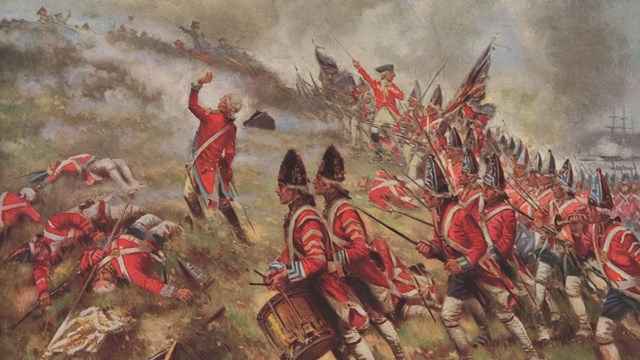 A painting of British soldiers rushing up Bunker Hill during battle.