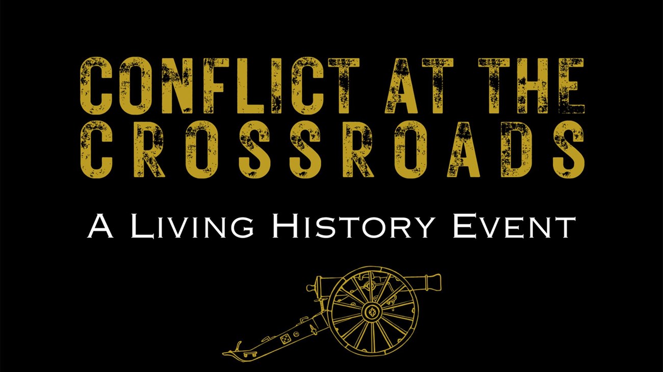 A black background with gold and white lettering with event date and title and a gold cannon.