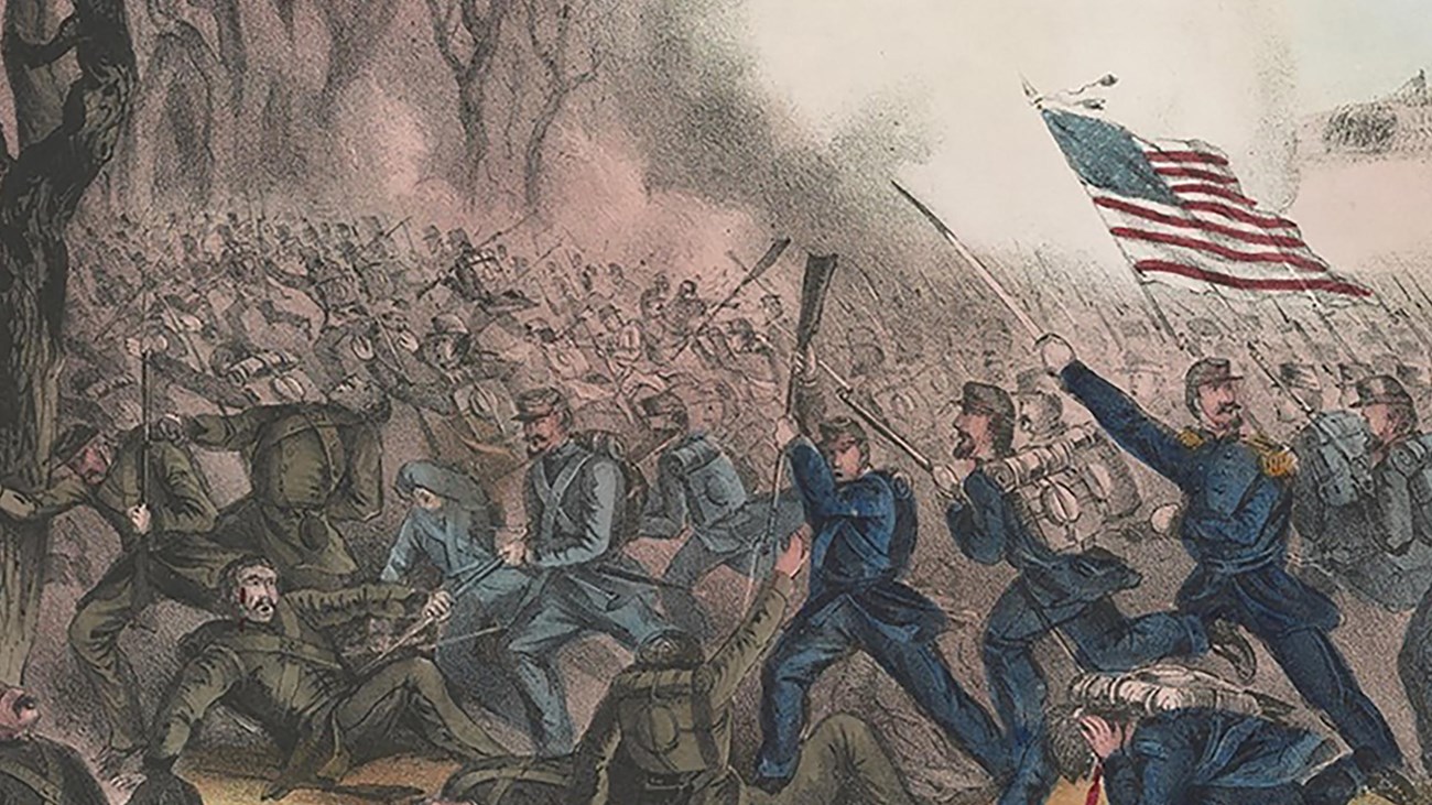 Union soldiers ascend on the Confederate troops in the colored lithograph