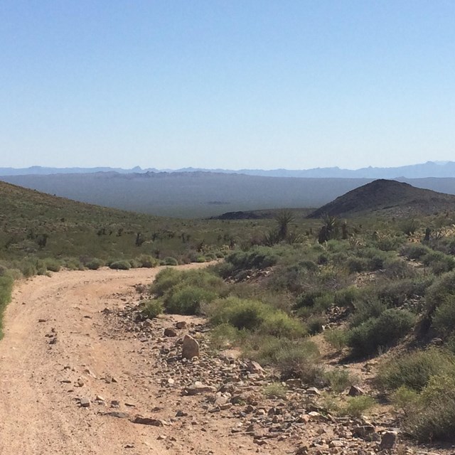 The Mojave Road, lined with creosote, going downhill. Hills and mountains in the distance.
