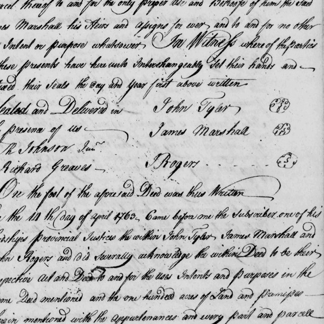 Legal document recording transfer of property from John Tyler to James Marshall.