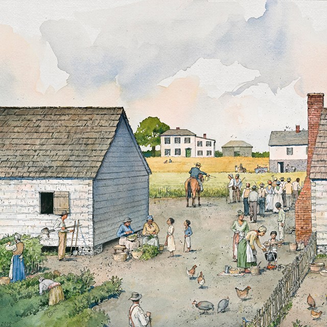 Illustration of enslaved people in the yards around their cabins with a large house in the distance.