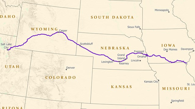 A map depicting a trail from Illinois to Salt Lake City.