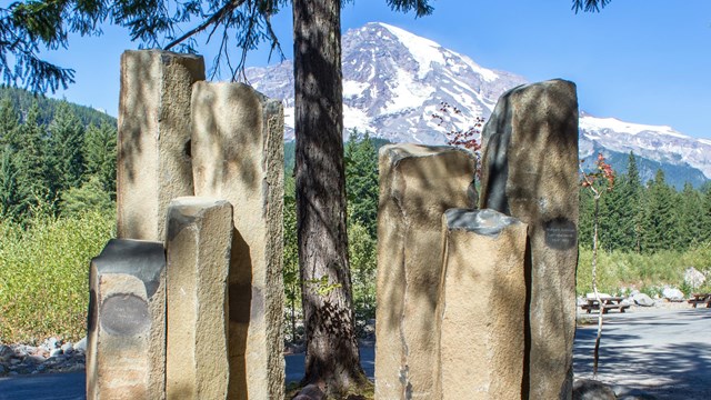 Two clusters of basalt columns stand in front of a view of Mount Rainier. 