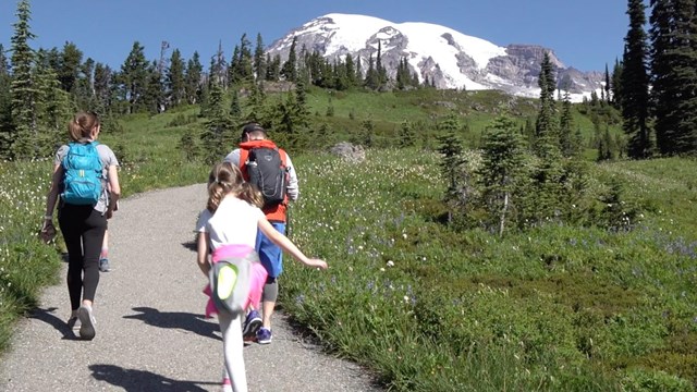 A family walks along a trail through a meadow with a view of Mount Rainier. 