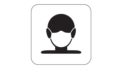 Black and white symbol with human head wearing a face mask