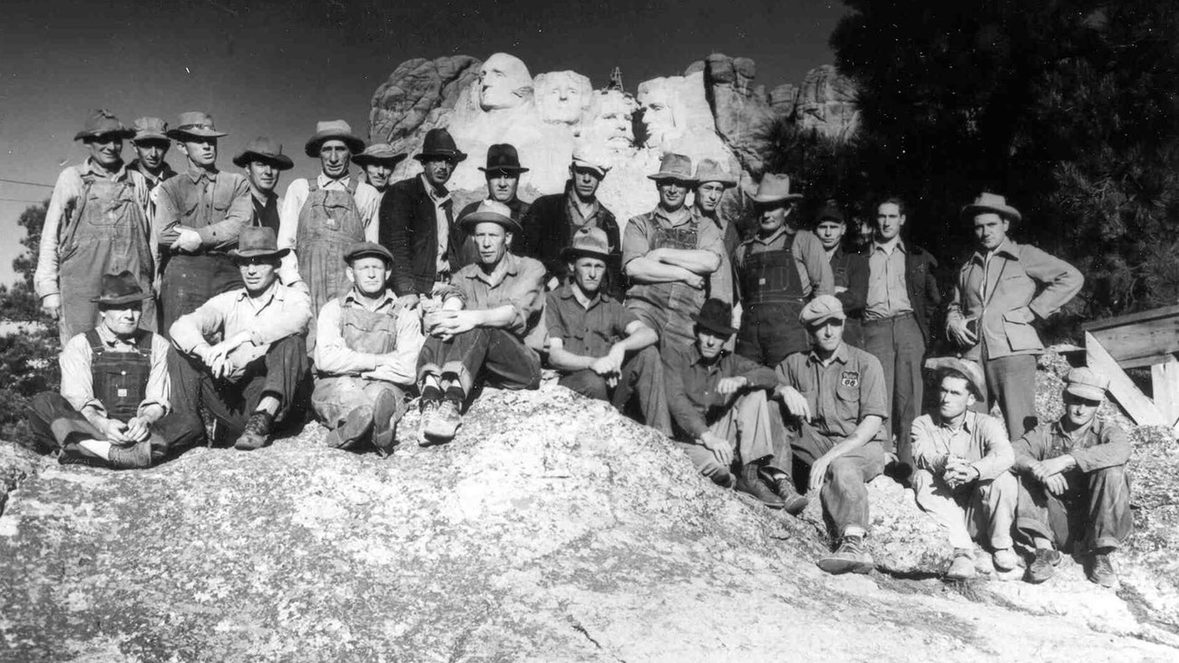 Photograph of the last work crew at Mount Rushmore in 1941. 