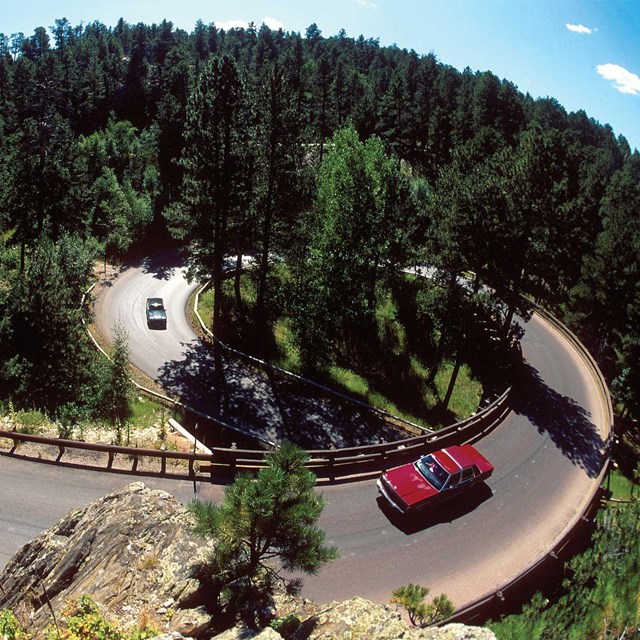 Vehicles traveling on the Iron Mountain Road near Mount Rushmore.