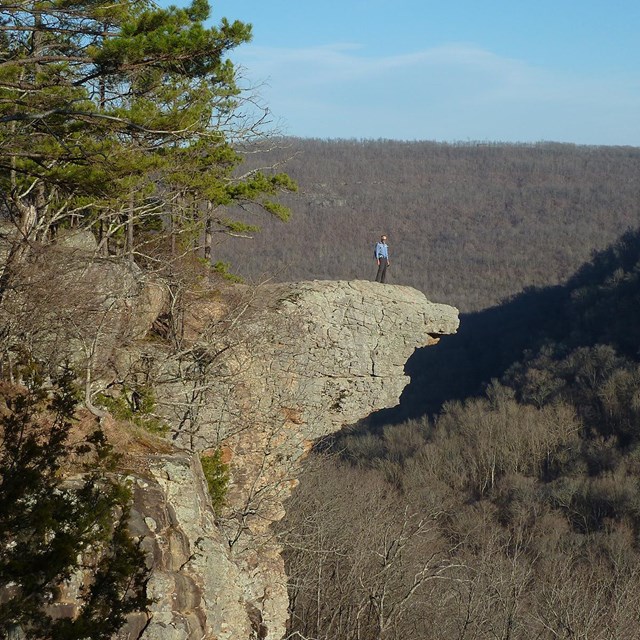 Visitor enjoys the view at a mountain overlook.