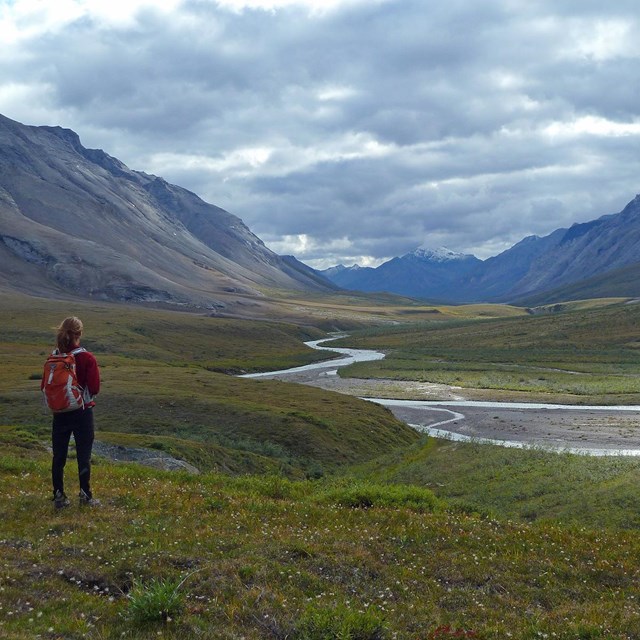 Visitor stands in valley bottom near river.