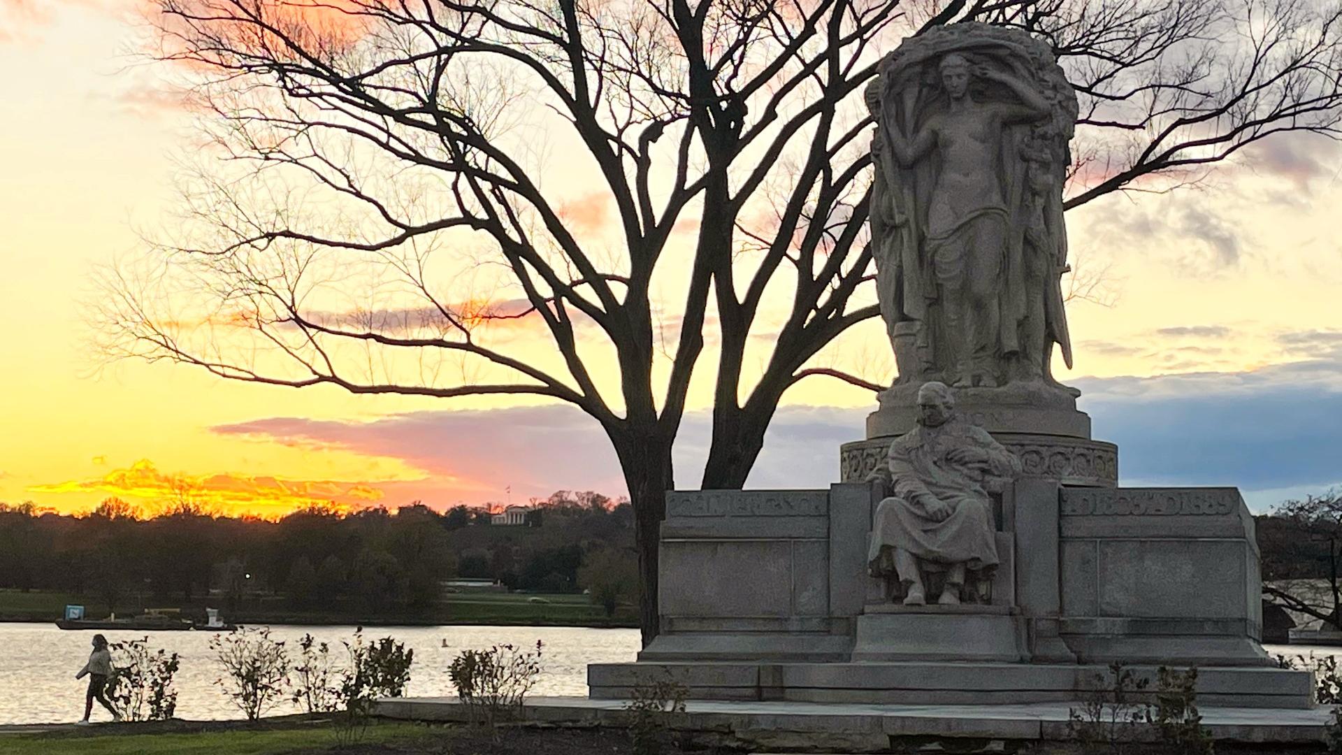 Image of John Ericsson Memorial at sunset.