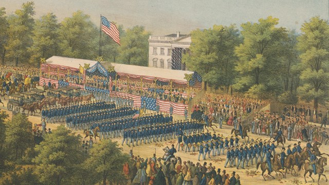 Lithograph of Civil War soldiers marching past the White House