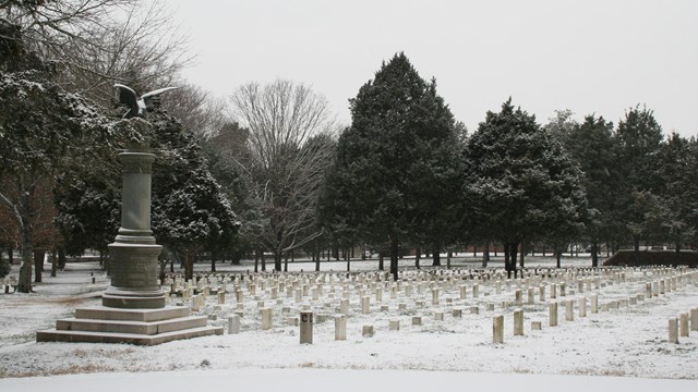 A dusting of snow covers rows of marble headstones, a statue of an eagle on a pedestal, and trees 
