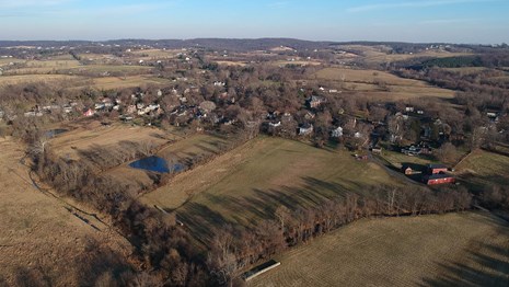 Aerial view of Waterford Historic District showing houses in a rural area