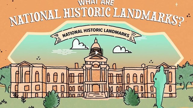 An illustrated depiction of the Wyoming State Capitol under a National Historic Landmarks banner.