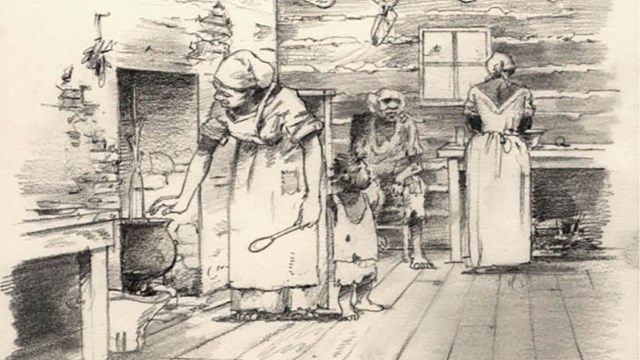 Drawing of two women and a small child cooking in a cabin