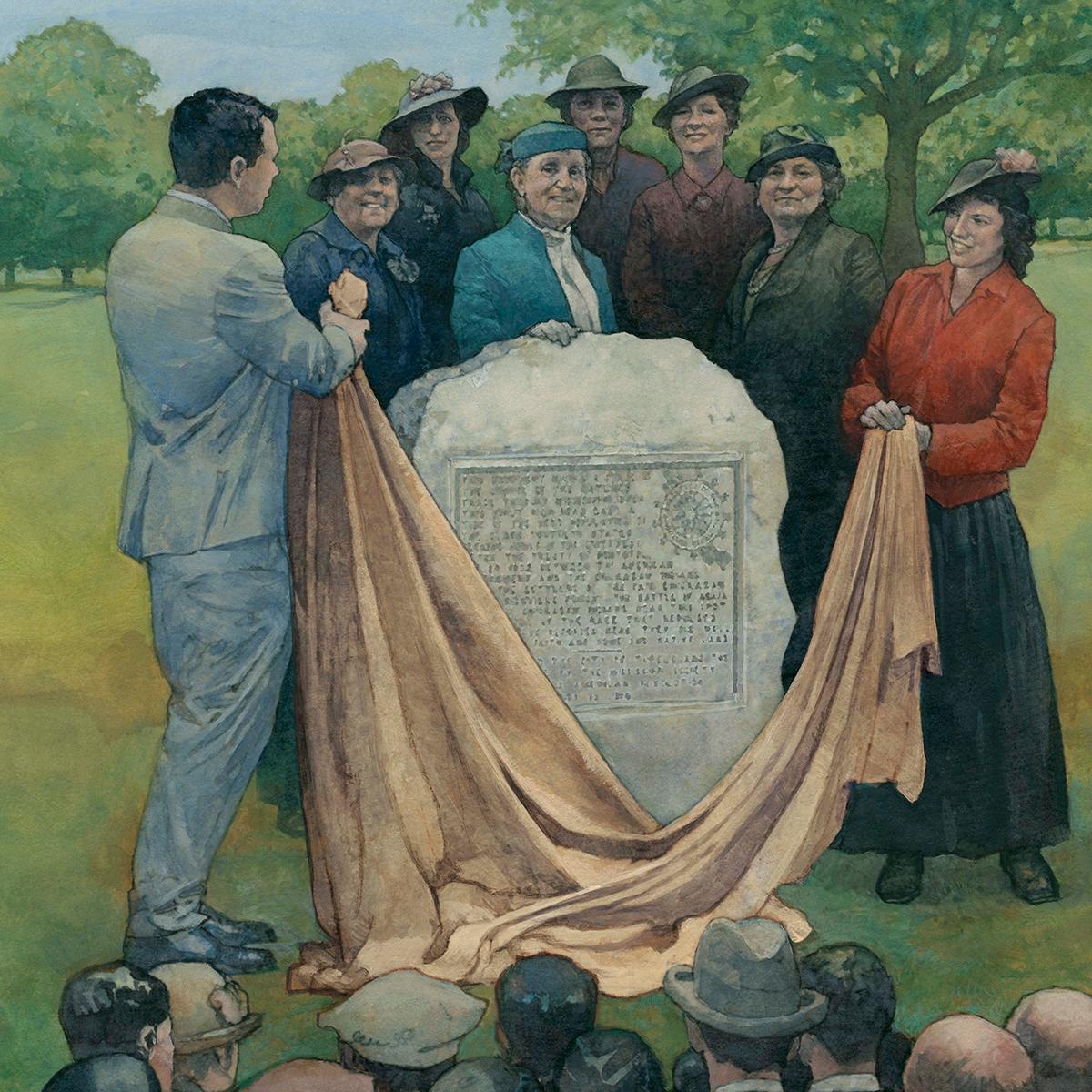 A painting of women and a man unveiling a 3' tall stone monument. 