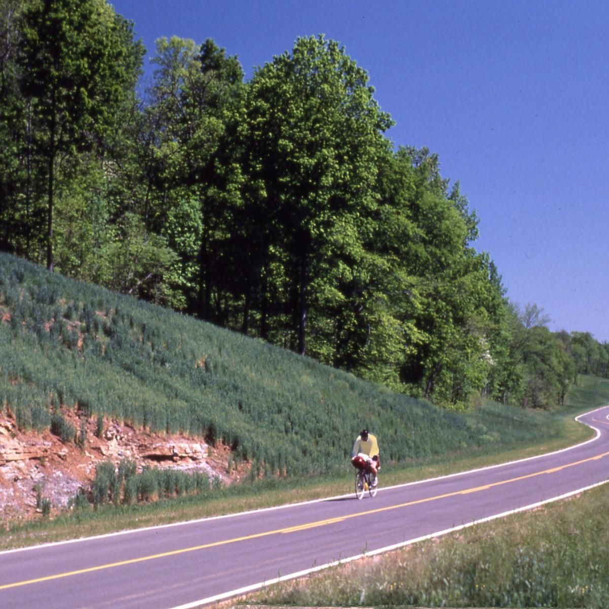A bicyclist riding on a long road along a hilside. 