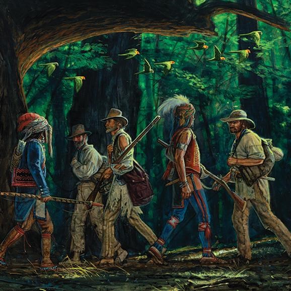 Painting of boatmen and American Indians walking past each other on the Natchez Trace.
