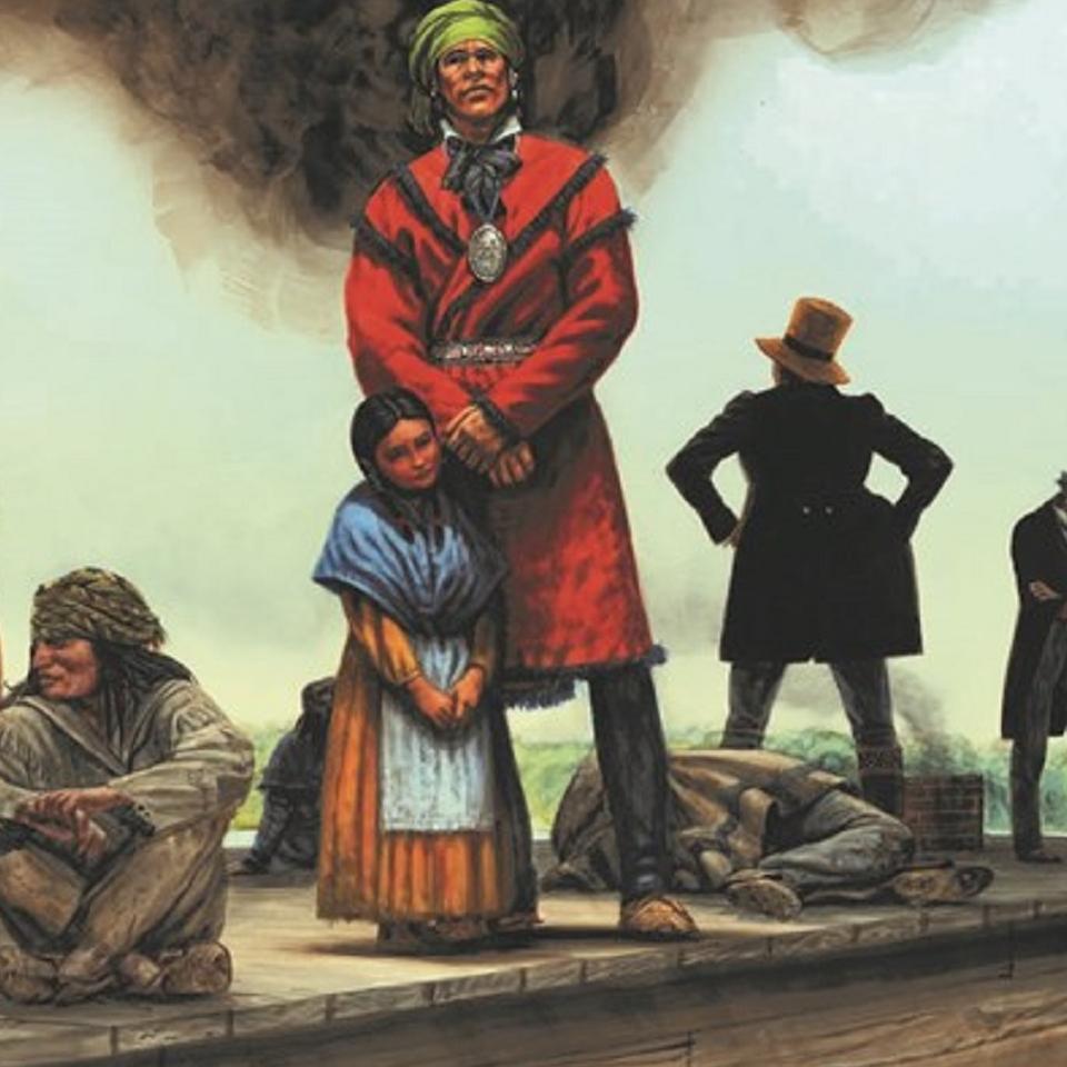 American Indians boarding a steam boat on a river beginning the Trail of Tears.