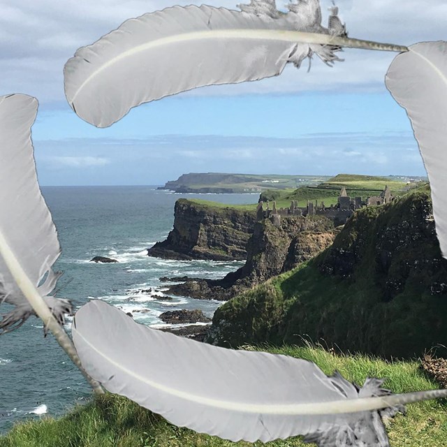 Cliffs by the ocean framed with superimposed white feathers.